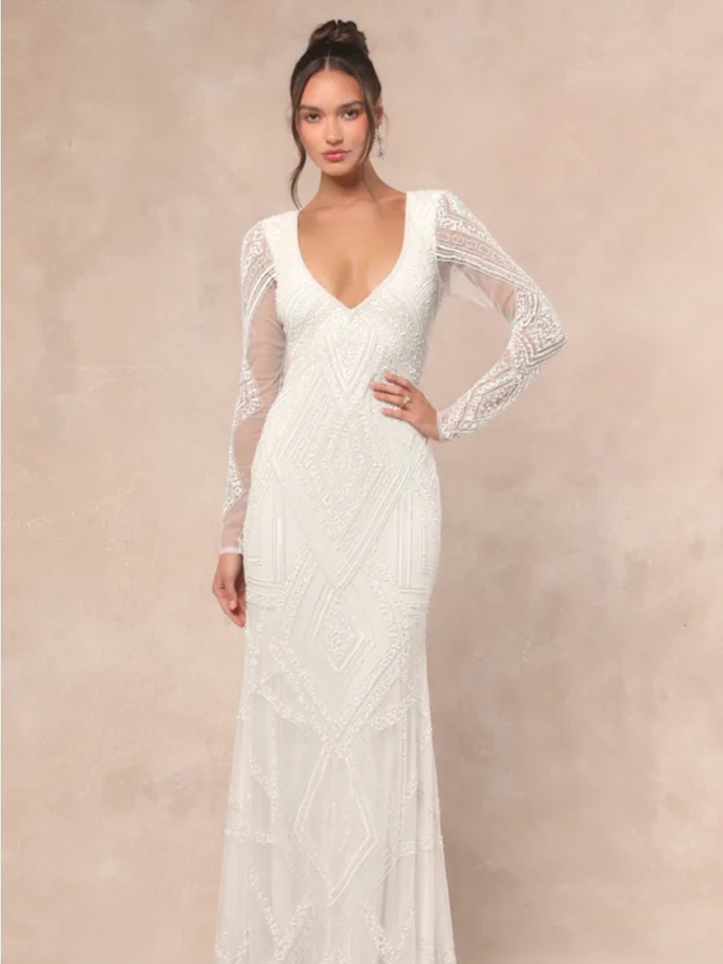 Beautiful White Beaded V-Neck Long Sleeve Dress With Train And Low Back